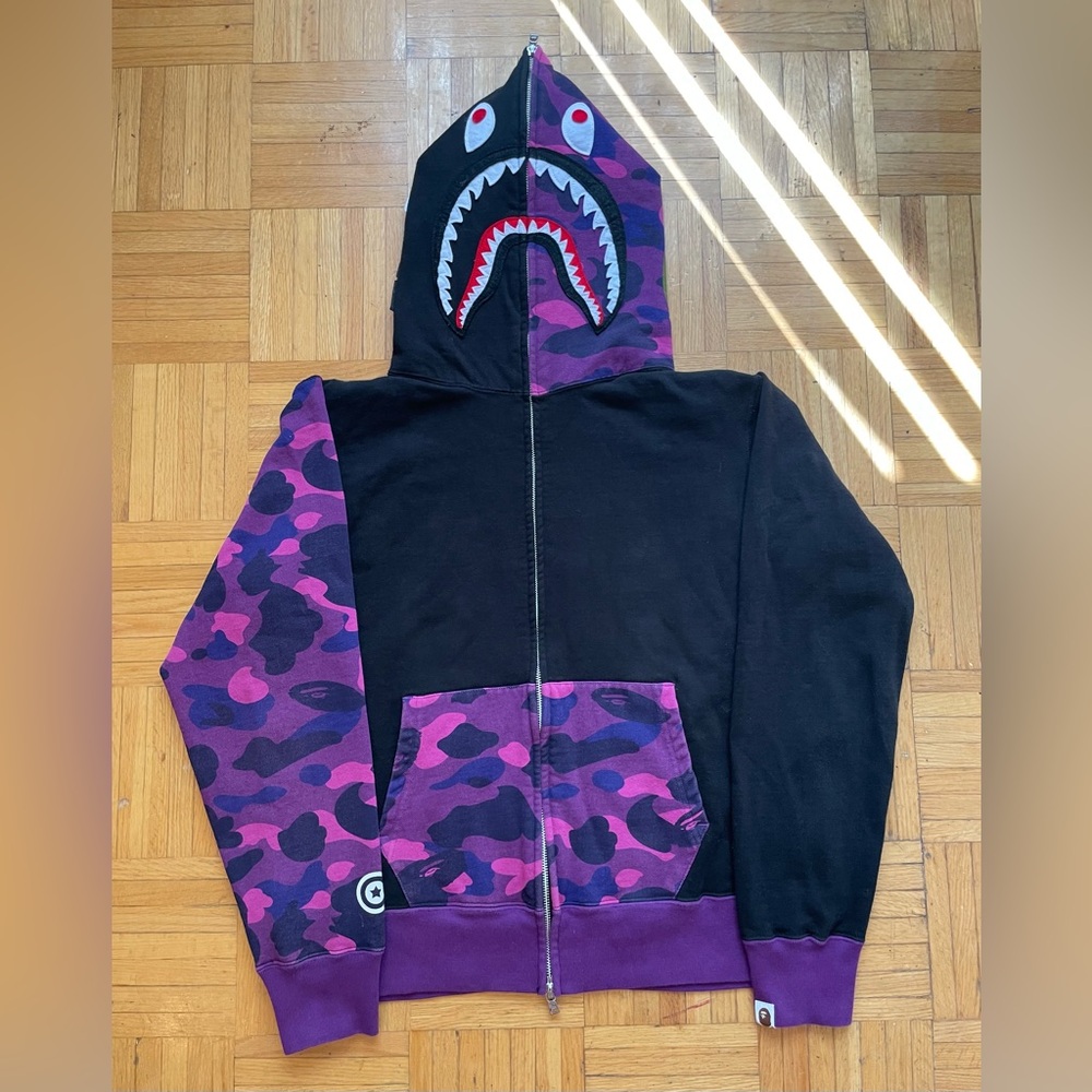 BAPE ss22 purple block camo black zip up shark face hoodie L